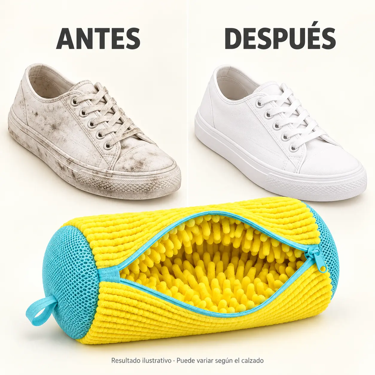 Comparativa ilustrativa antes y después de una zapatilla de lona junto a la bolsa ZELVANE